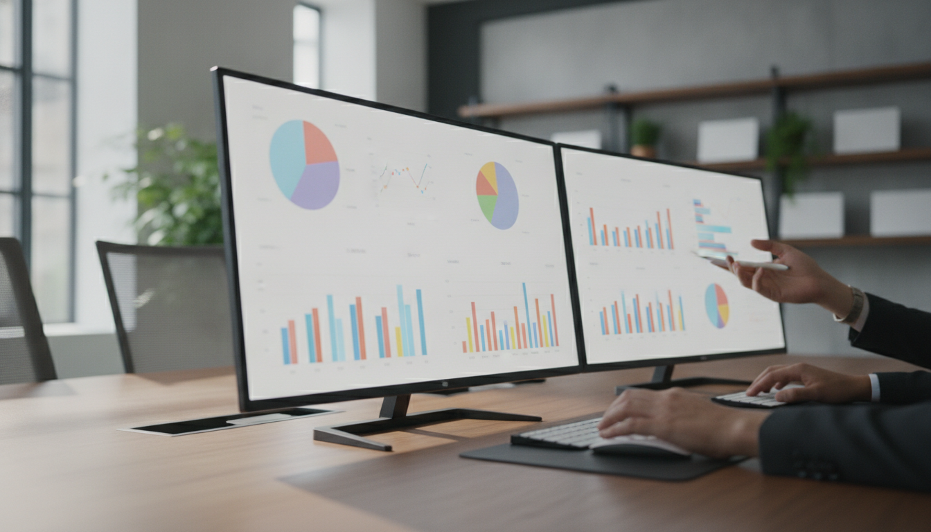 estratégias de conteúdo — A modern office with people analyzing dashboards, soft natural lighting, professional photography style