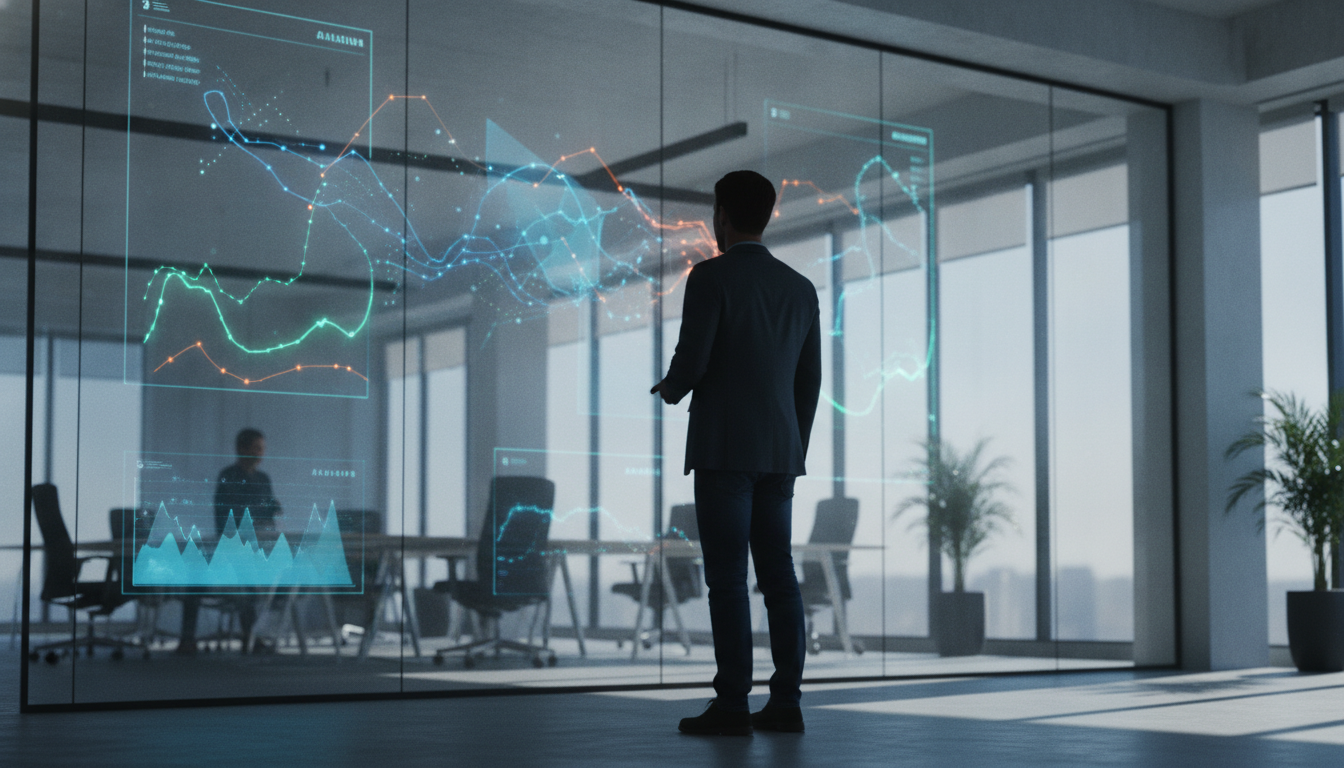 Team collaborating in front of a large screen with data visualizations, modern office environment