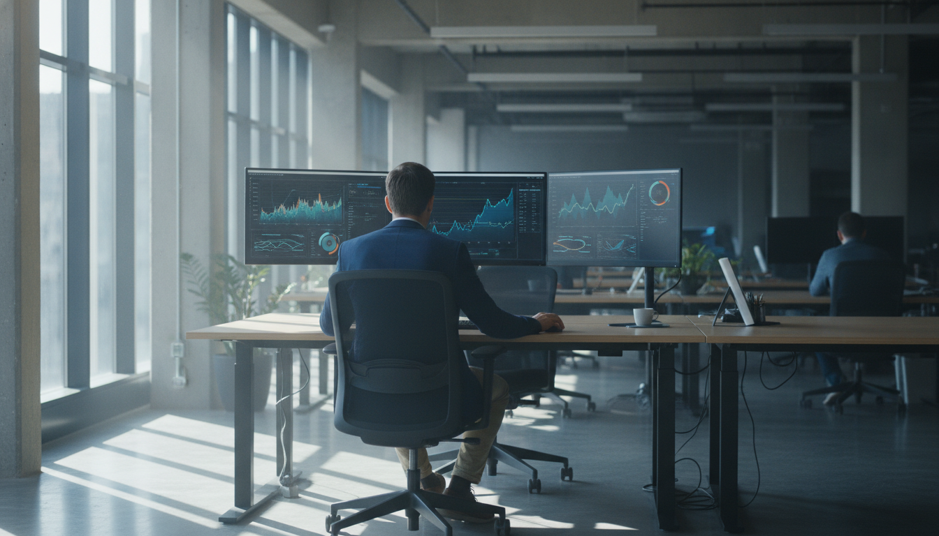 sites instantaneamente atualizáveis — A modern office with people analyzing dashboards, soft natural lighting, professional photography style