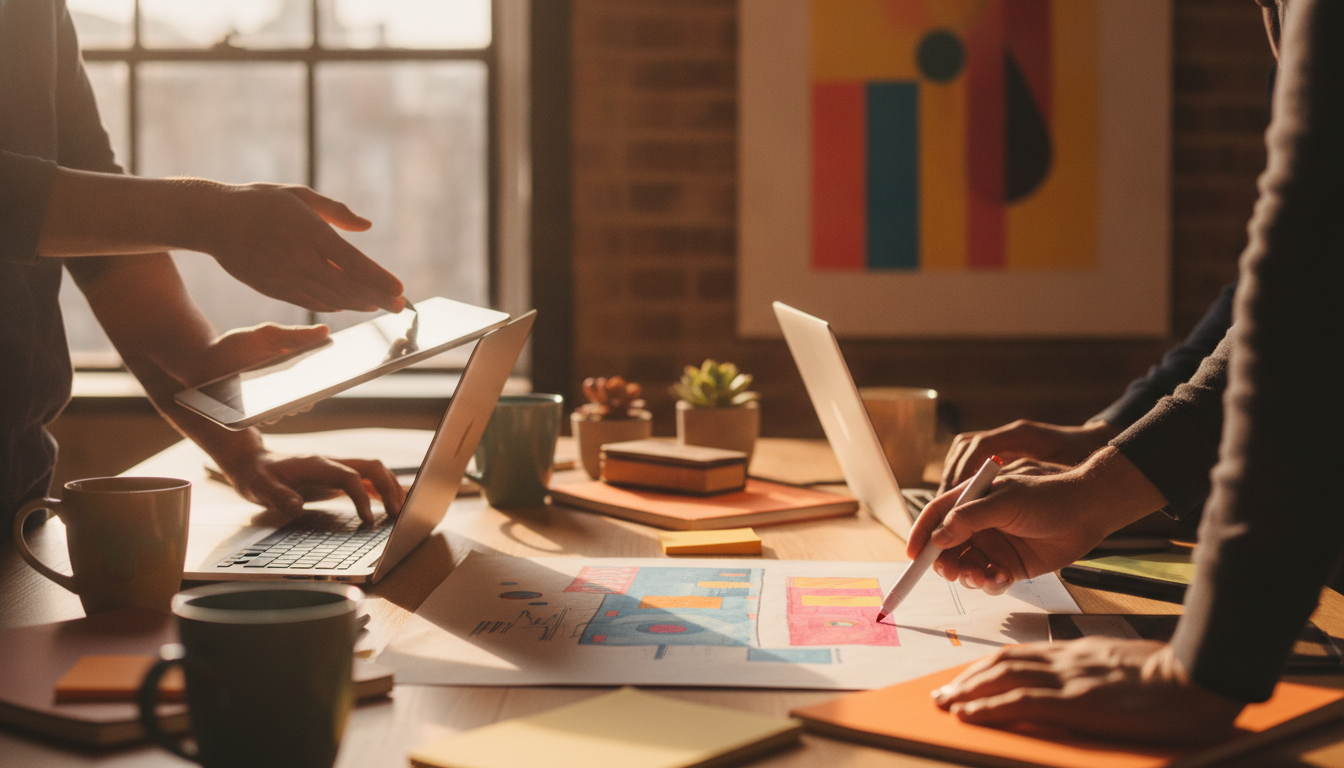 A creative workspace with team members brainstorming and using laptops, vibrant colors, modern style