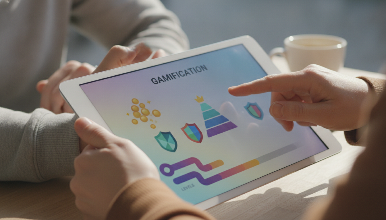 gamificação digital — A colorful infographic showing various elements of gamification, such as points, badges, and leaderboards, in a digital interface.