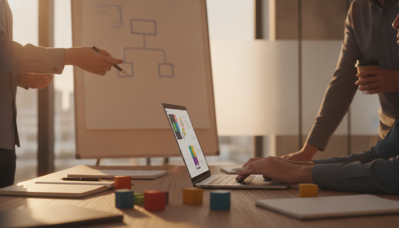 A team of professionals in a modern office setting, discussing gamification strategies with laptops and a whiteboard full of ideas.