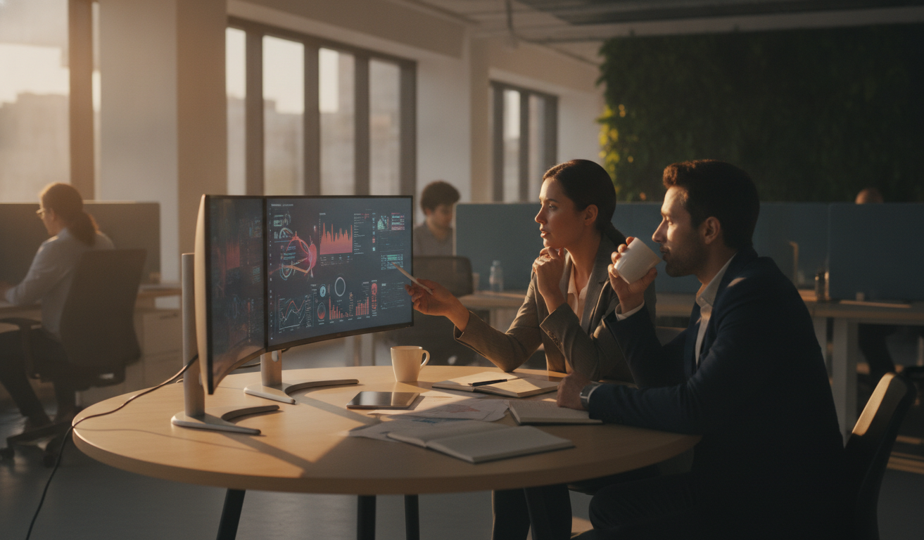 ferramentas de IA — A modern office with people analyzing dashboards, soft natural lighting, professional photography style