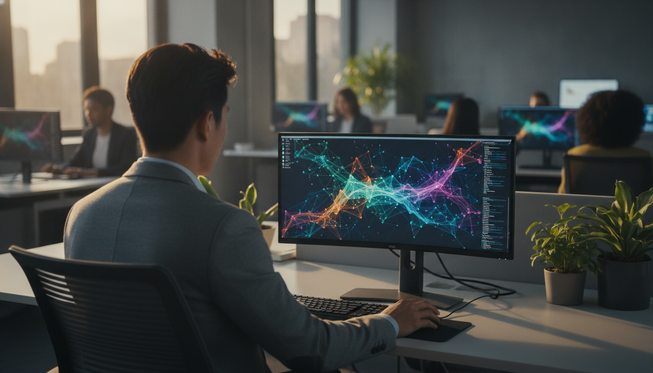 A diverse team of professionals working on computers with AI-generated graphs on screens