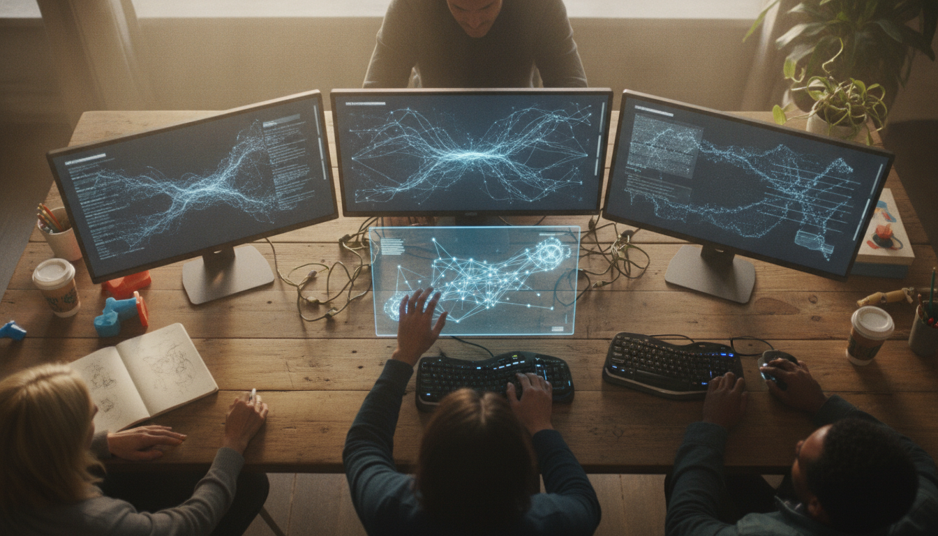 A creative workspace with AI tools displayed on multiple screens and team collaboration