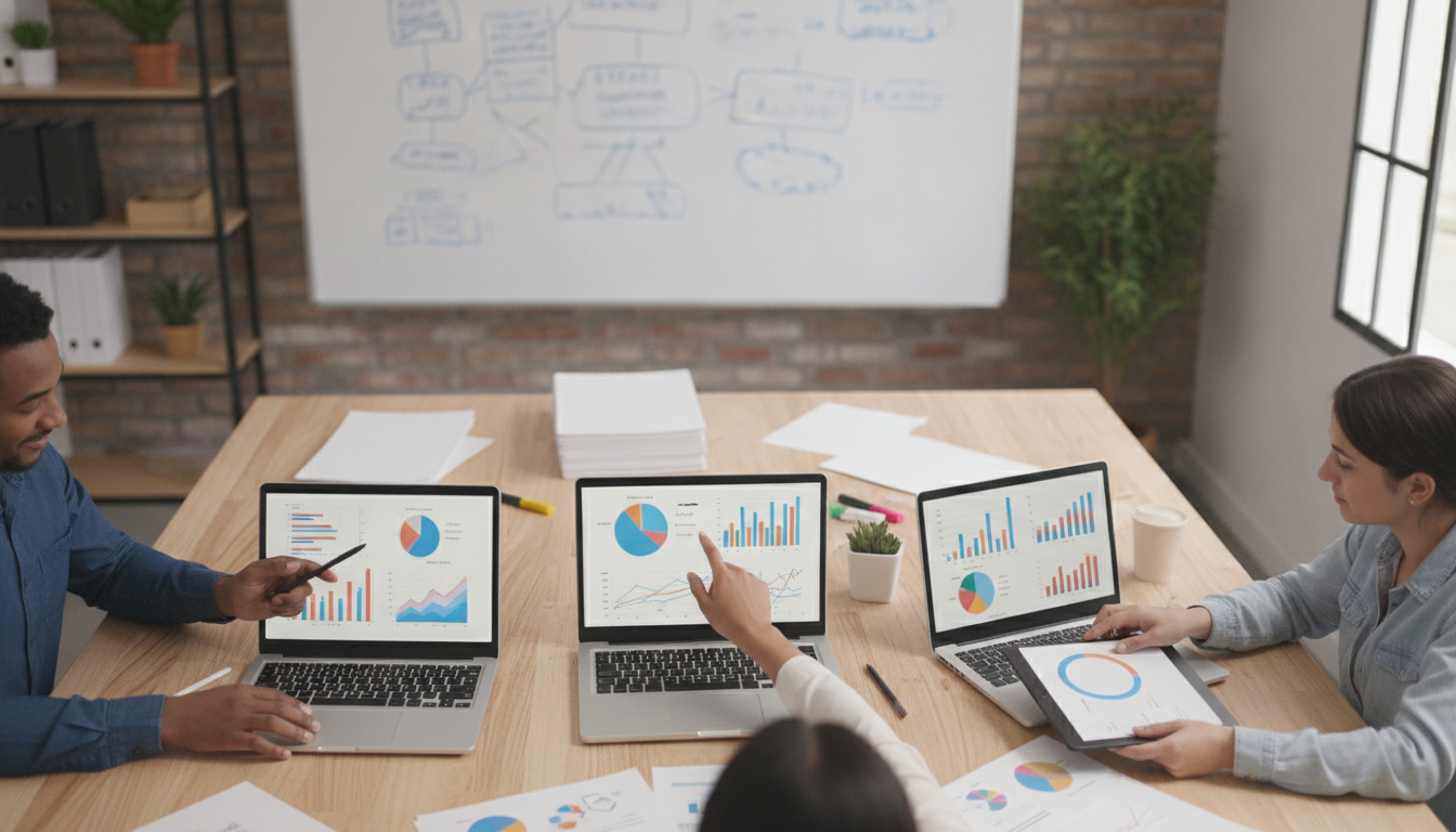 A digital marketing team discussing strategies around a table with laptops, charts, and a whiteboard filled with notes in a creative workspace