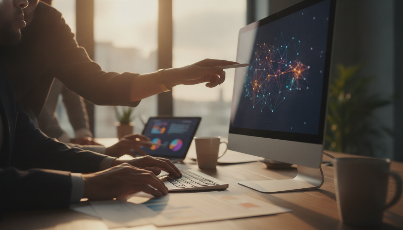 atualização digital — A team of professionals in a modern office space, collaborating around a computer screen, vibrant colors, and dynamic composition
