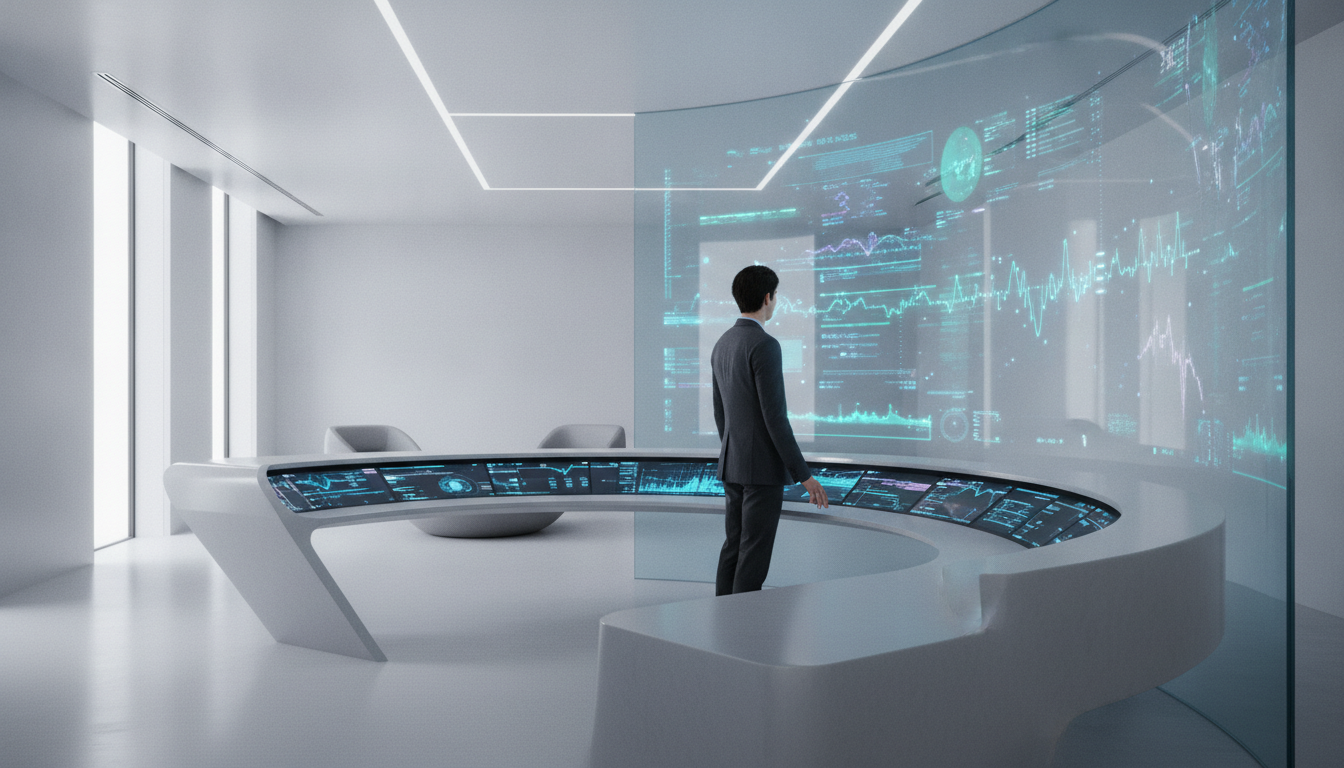 A futuristic office environment with digital screens displaying social media analytics, sleek and minimal design