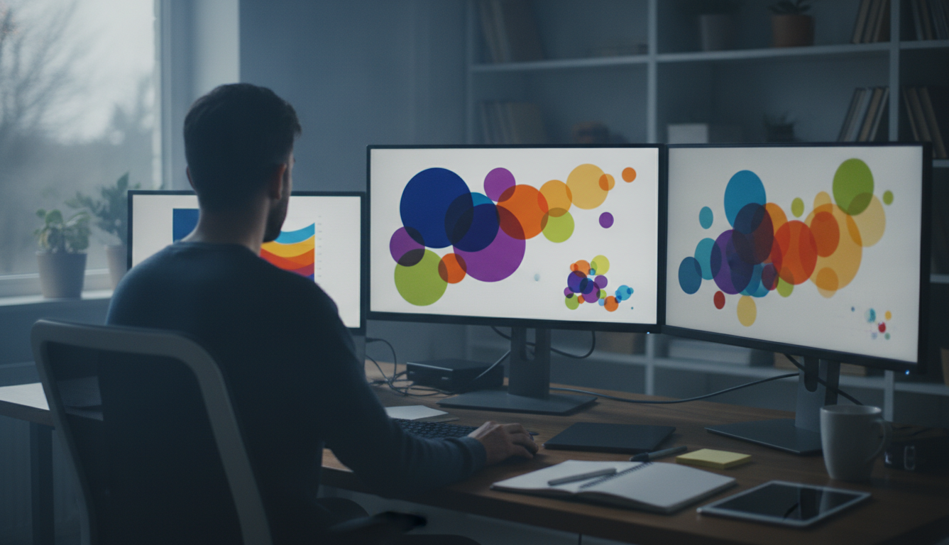psicologia das cores — A vibrant digital marketing workspace with colorful charts and graphs displayed on screens, depicting the influence of color schemes in marketing strategies.