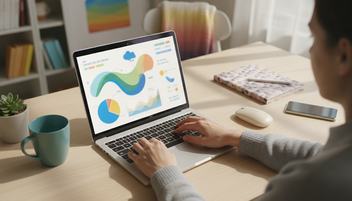 A social media manager analyzing colorful social media analytics on a laptop, surrounded by vibrant office decor and natural light.