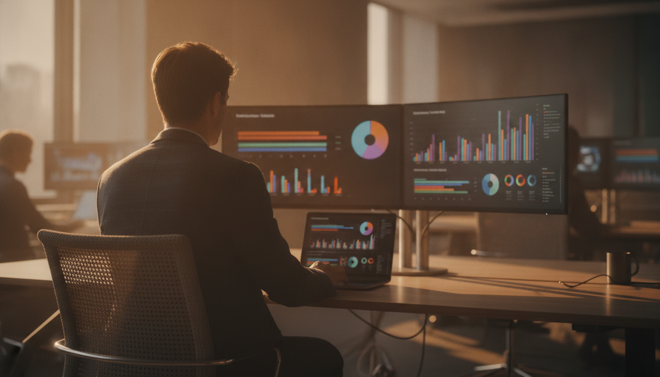 plataforma de site — A modern office with people analyzing dashboards, soft natural lighting, professional photography style