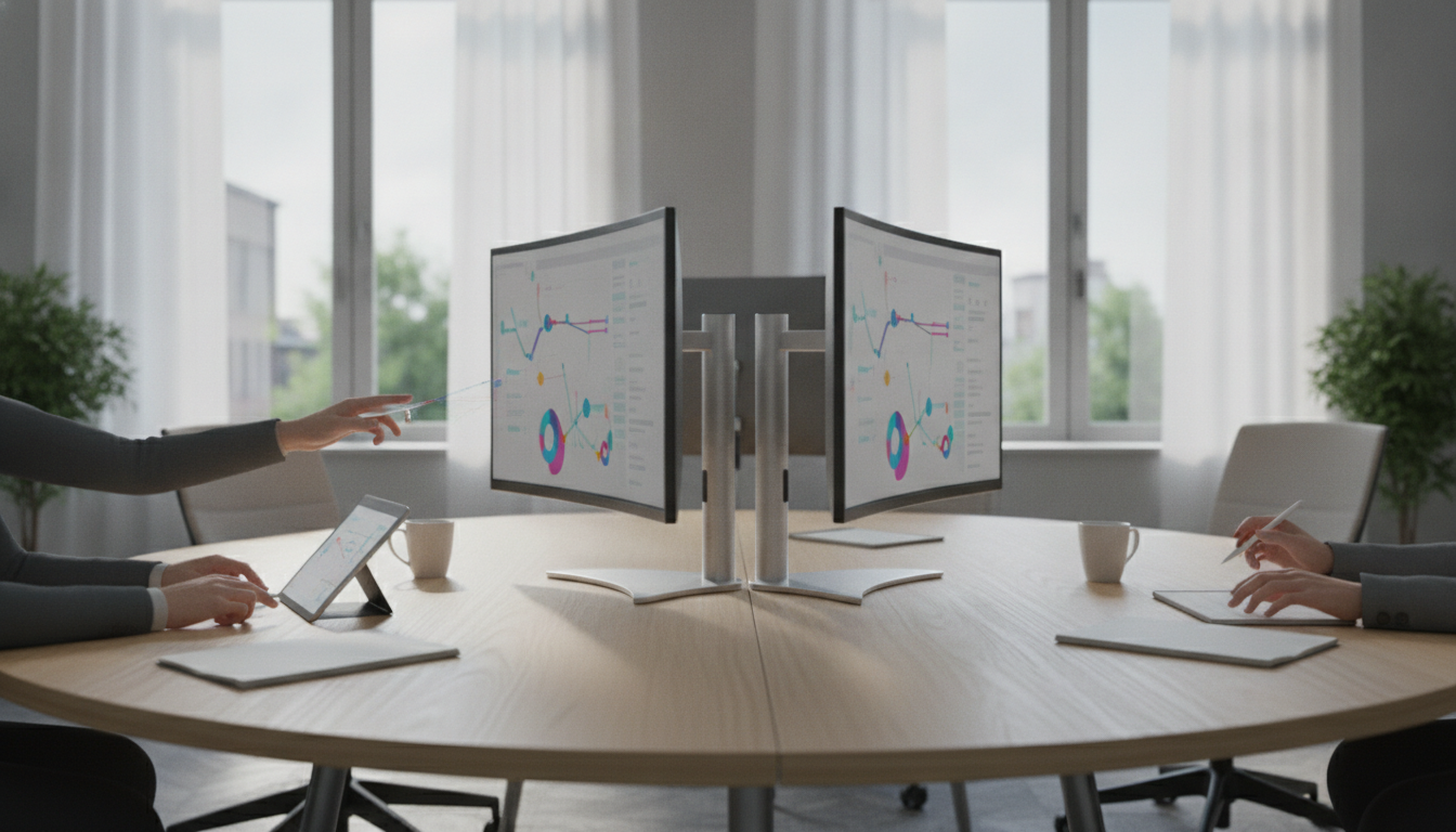 otimização de landing pages — A modern office with people analyzing dashboards, soft natural lighting, professional photography style