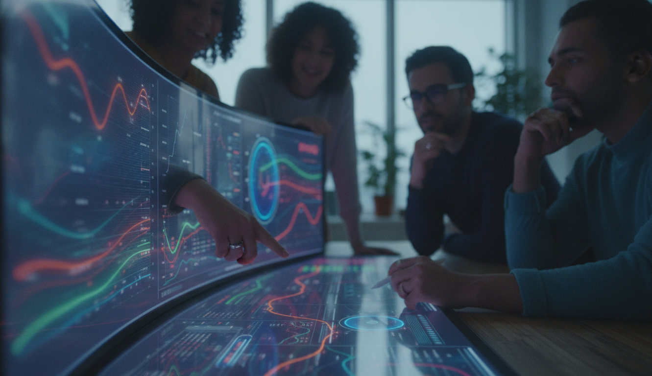 A team collaborating over a colorful digital interface with charts and graphs, vibrant lighting