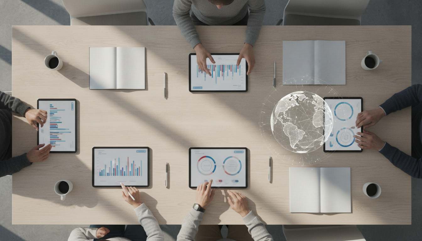 sites não convertem — a modern office with people analyzing dashboards, soft natural lighting, professional photography style