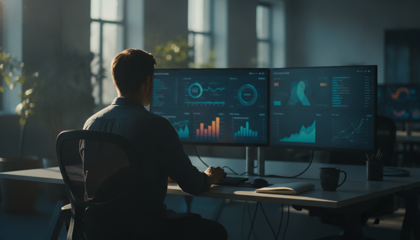 erros em social media — A modern office with people analyzing dashboards, soft natural lighting, professional photography style
