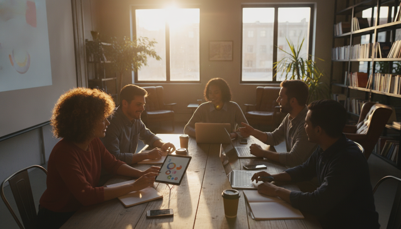 A team of marketers brainstorming with digital devices, bright and collaborative atmosphere