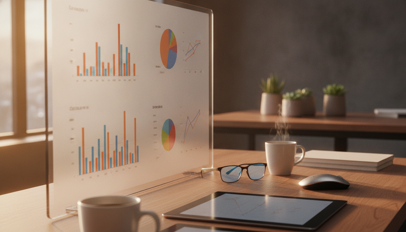 automação de conteúdo — A modern office with people analyzing dashboards, soft natural lighting, professional photography style