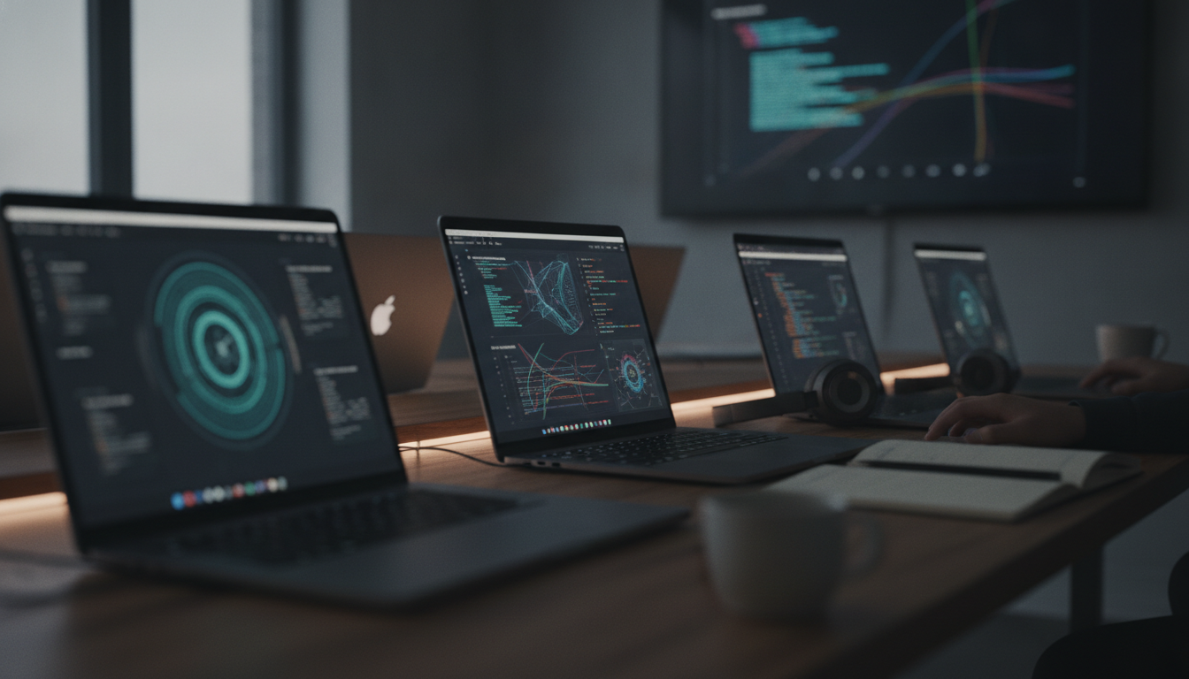 A team of professionals working on laptops, displaying a variety of digital content on screens, modern office setting