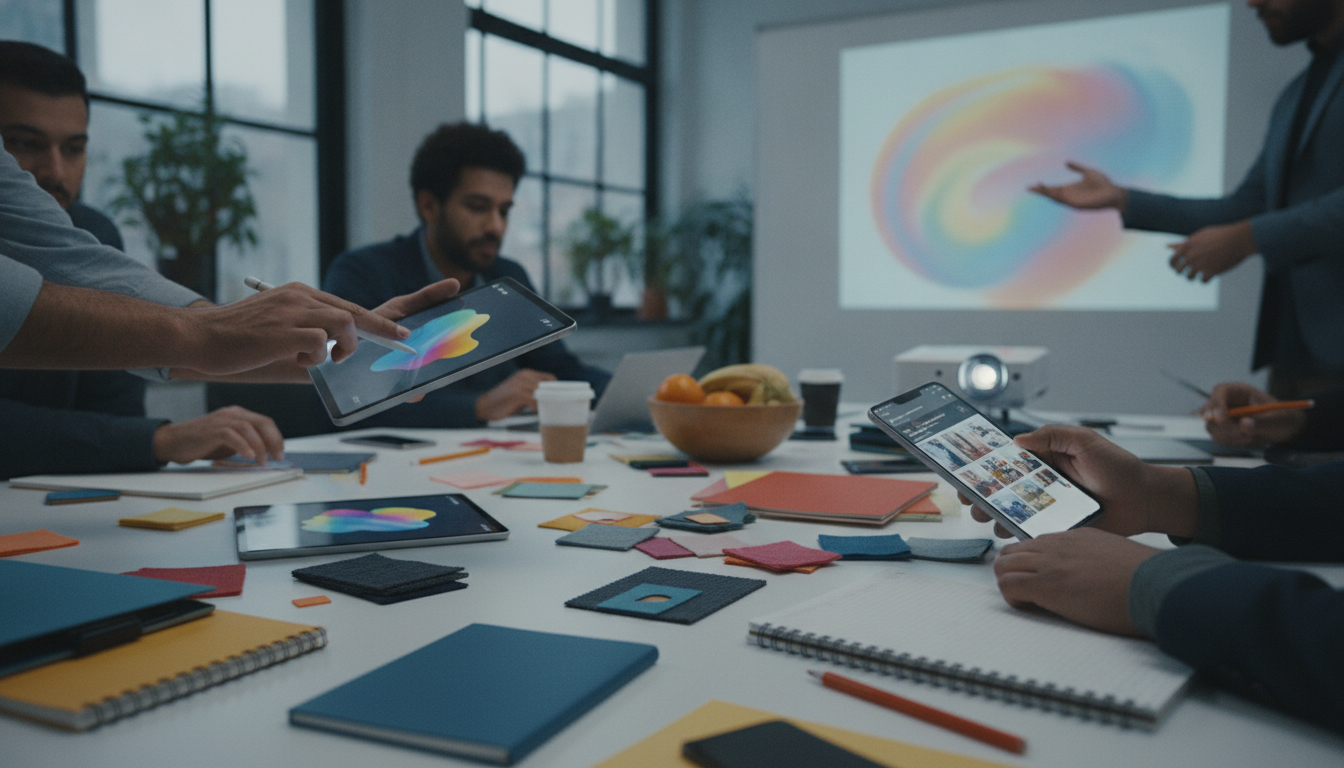 criação de conteúdo social — A team of diverse people collaborating on social media content, bright and vibrant colors, professional setting