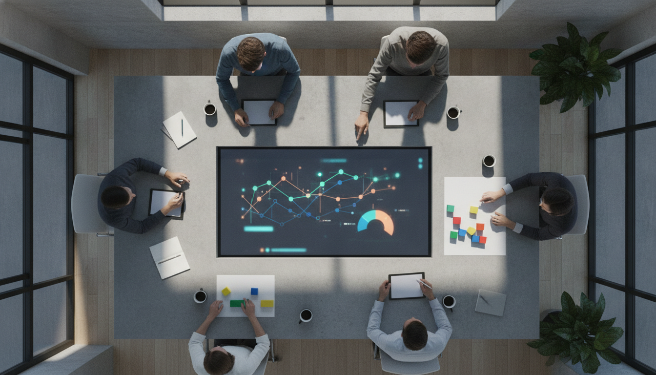 A group of people discussing analytics and strategies around a large screen, modern and sleek office environment