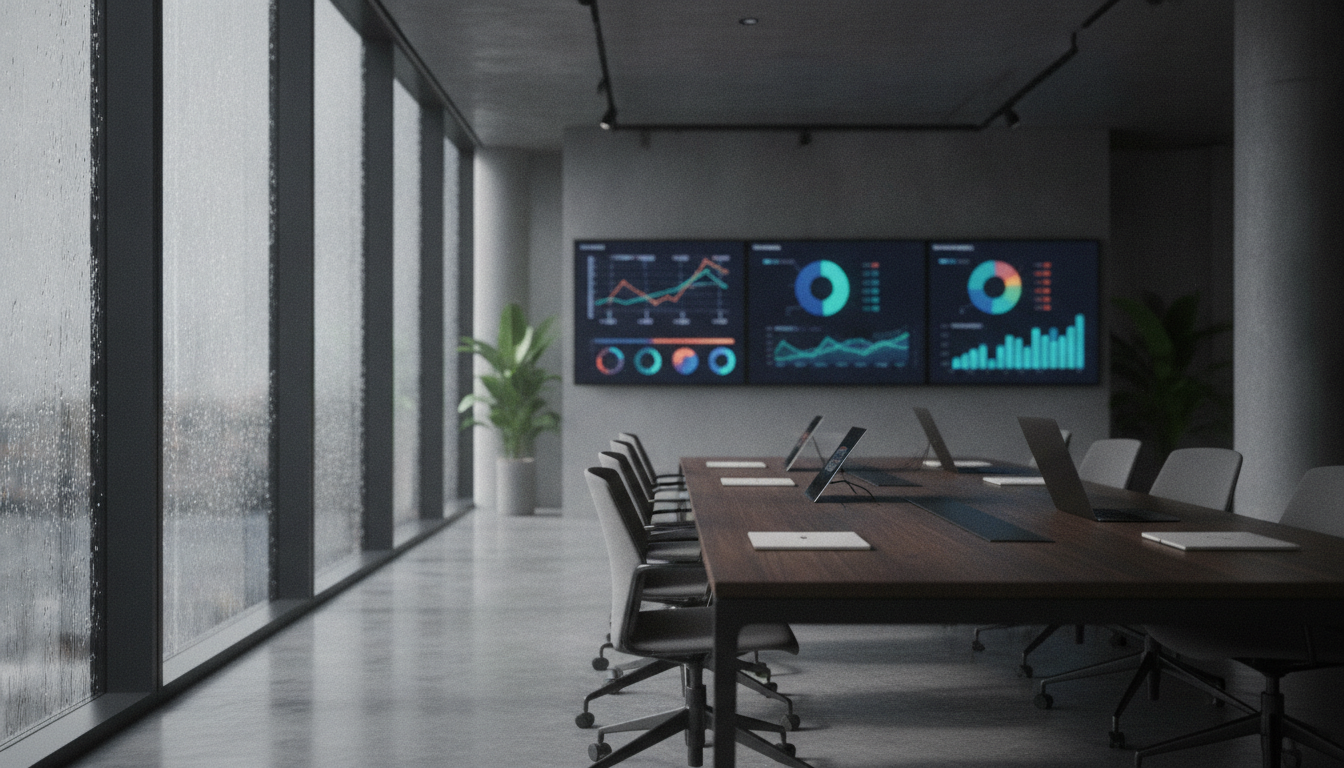 estratégia digital integrada — A modern office with people analyzing dashboards, soft natural lighting, professional photography style