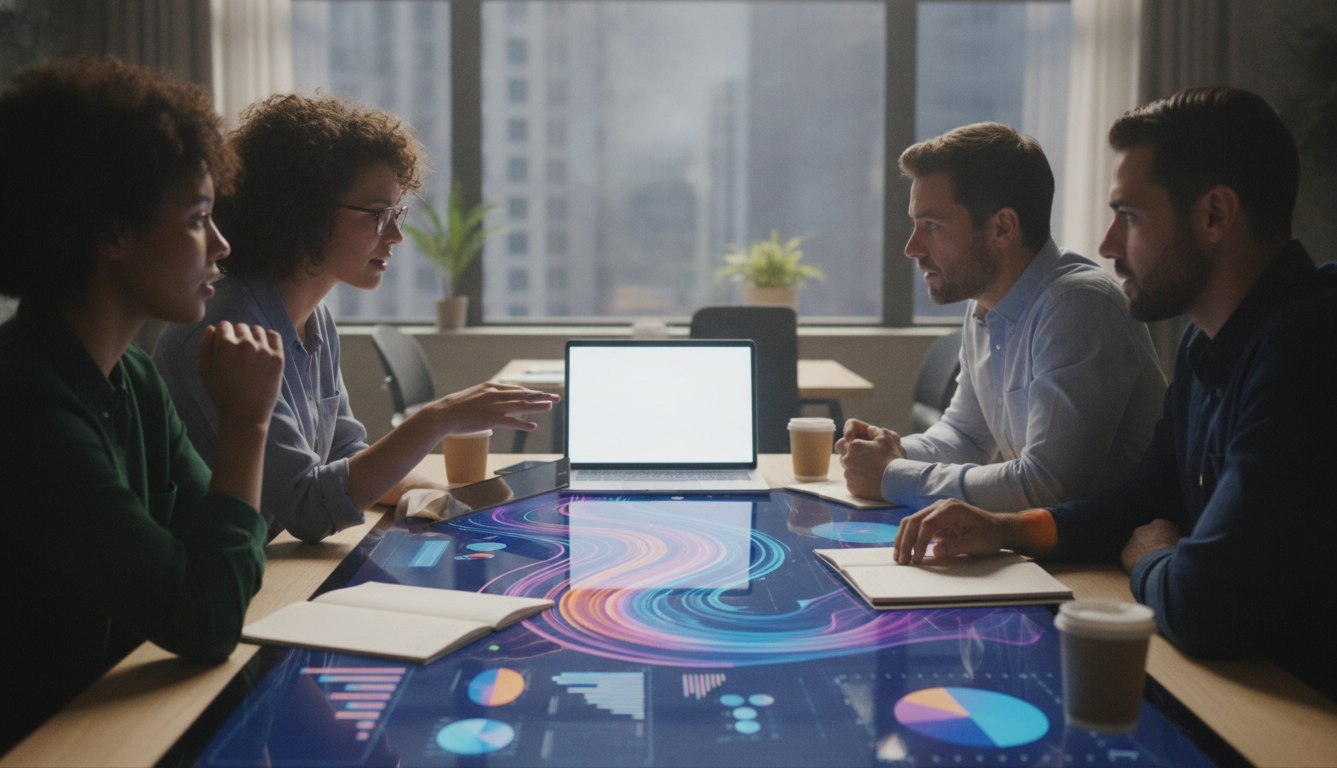 A team of diverse people collaborating on a digital marketing strategy, vibrant colors, high-tech office setting