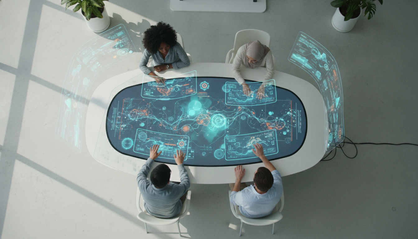 A futuristic workspace with digital screens displaying analytics, sleek design, and a diverse team working together
