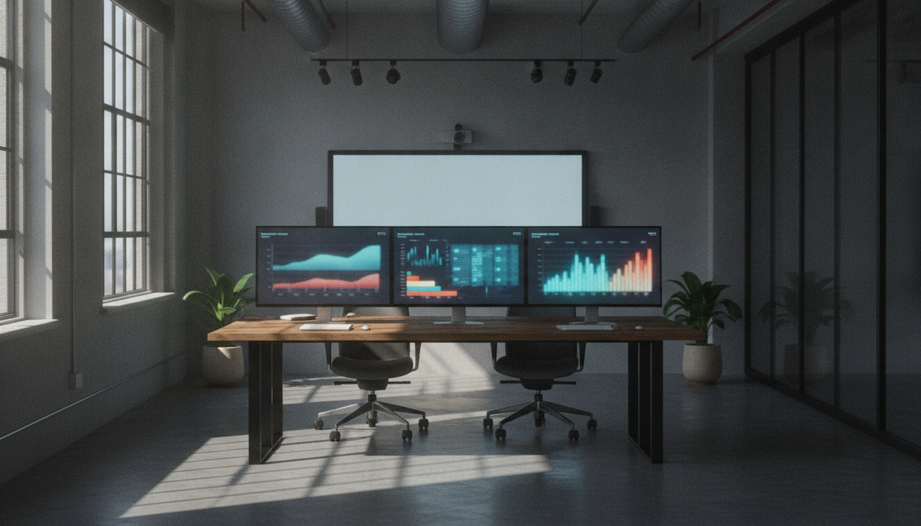 presença online — A modern office with people analyzing dashboards, soft natural lighting, professional photography style