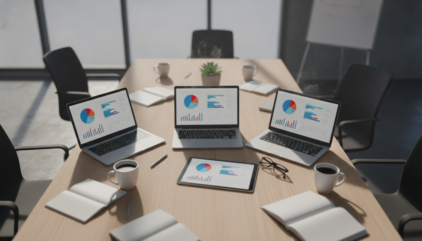 SEO estratégico — A modern office with people analyzing dashboards, soft natural lighting, professional photography style