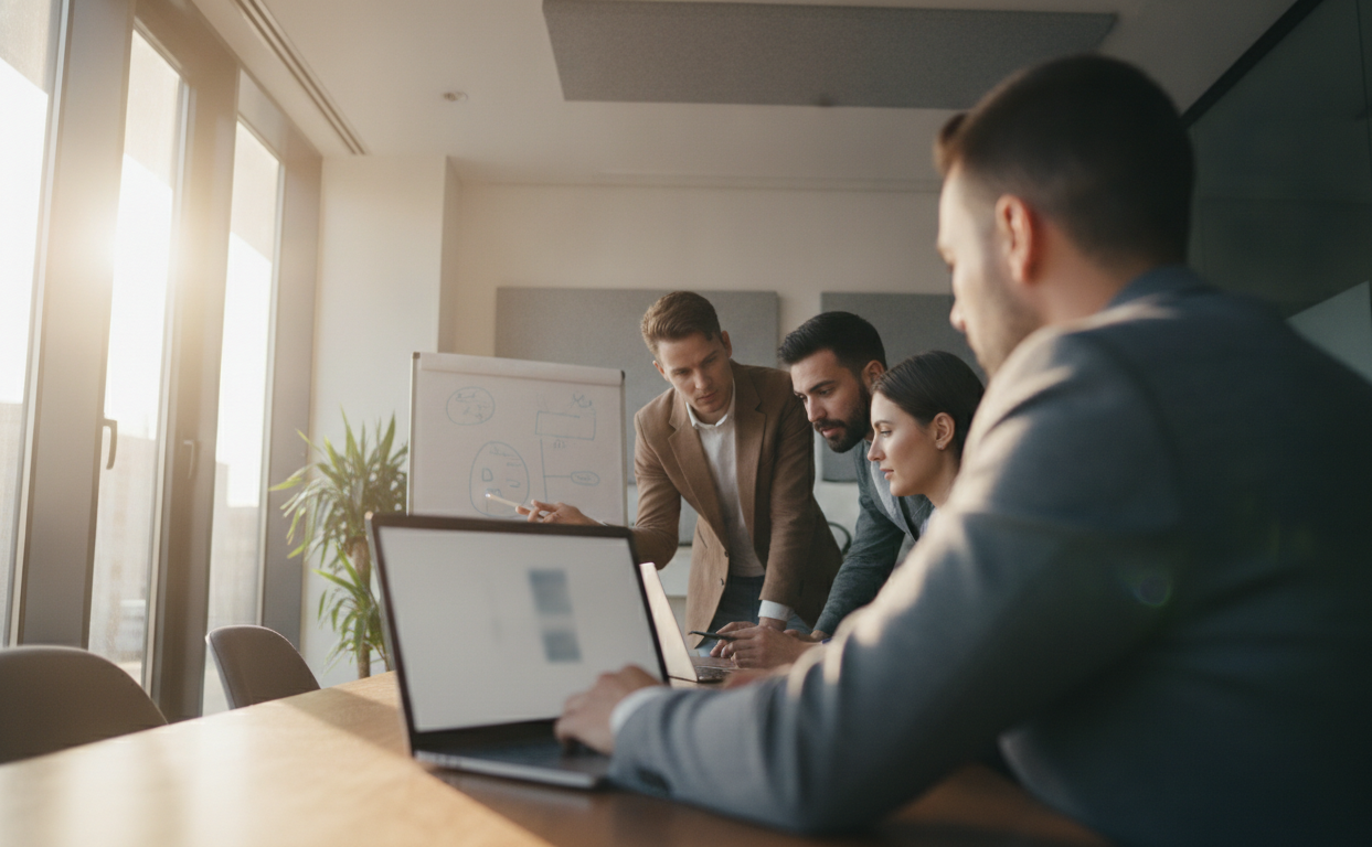 A group of people in an office setting working on laptops and discussing strategies, bright lighting, modern professional setting