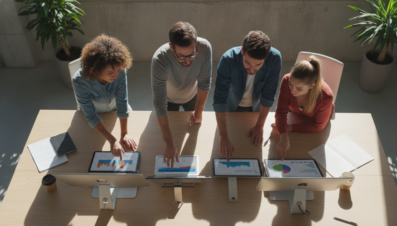 revitalização de sites — A modern office with people analyzing dashboards, soft natural lighting, professional photography style