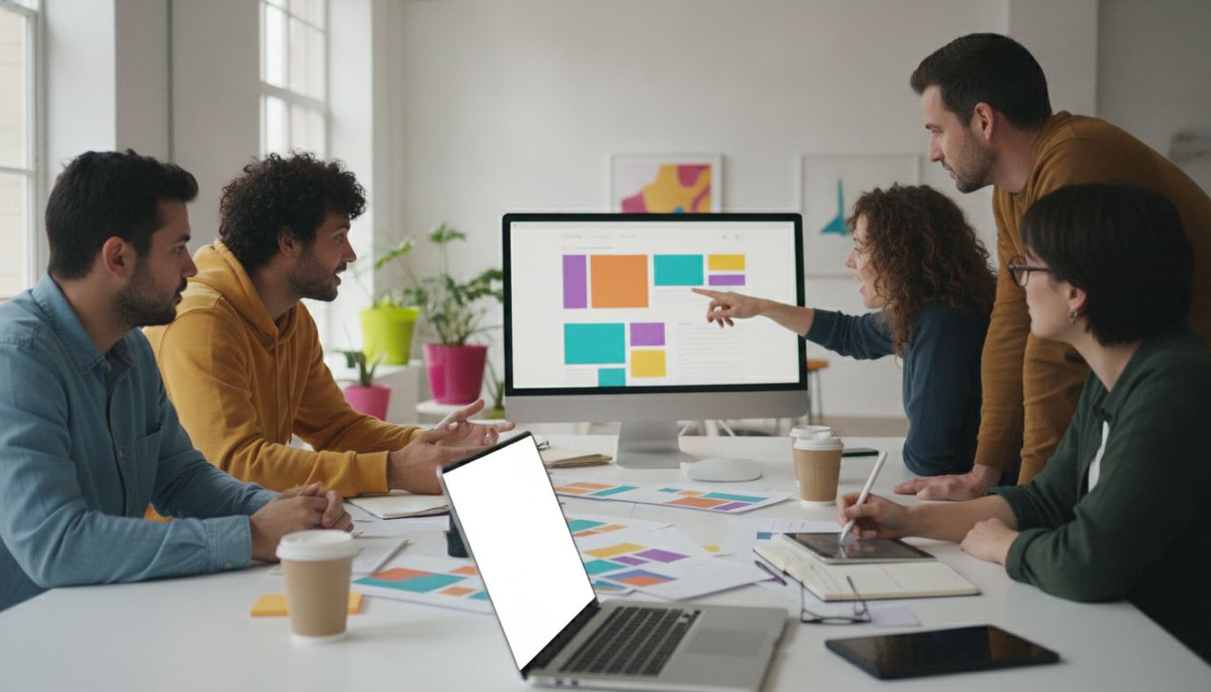 A team working on a website redesign, bright colors, teamwork and creativity