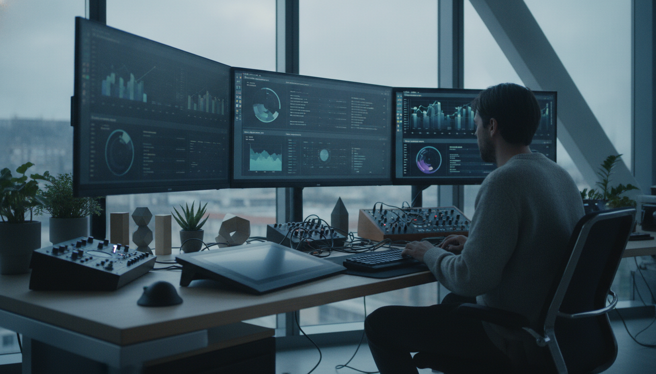 A creative workspace with digital tools, computers displaying analytics, bright and modern