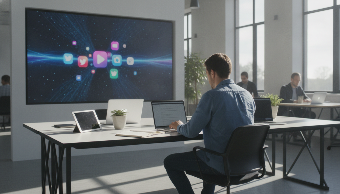 A team of marketers working on social media strategies, with laptops and social media icons around on a digital screen