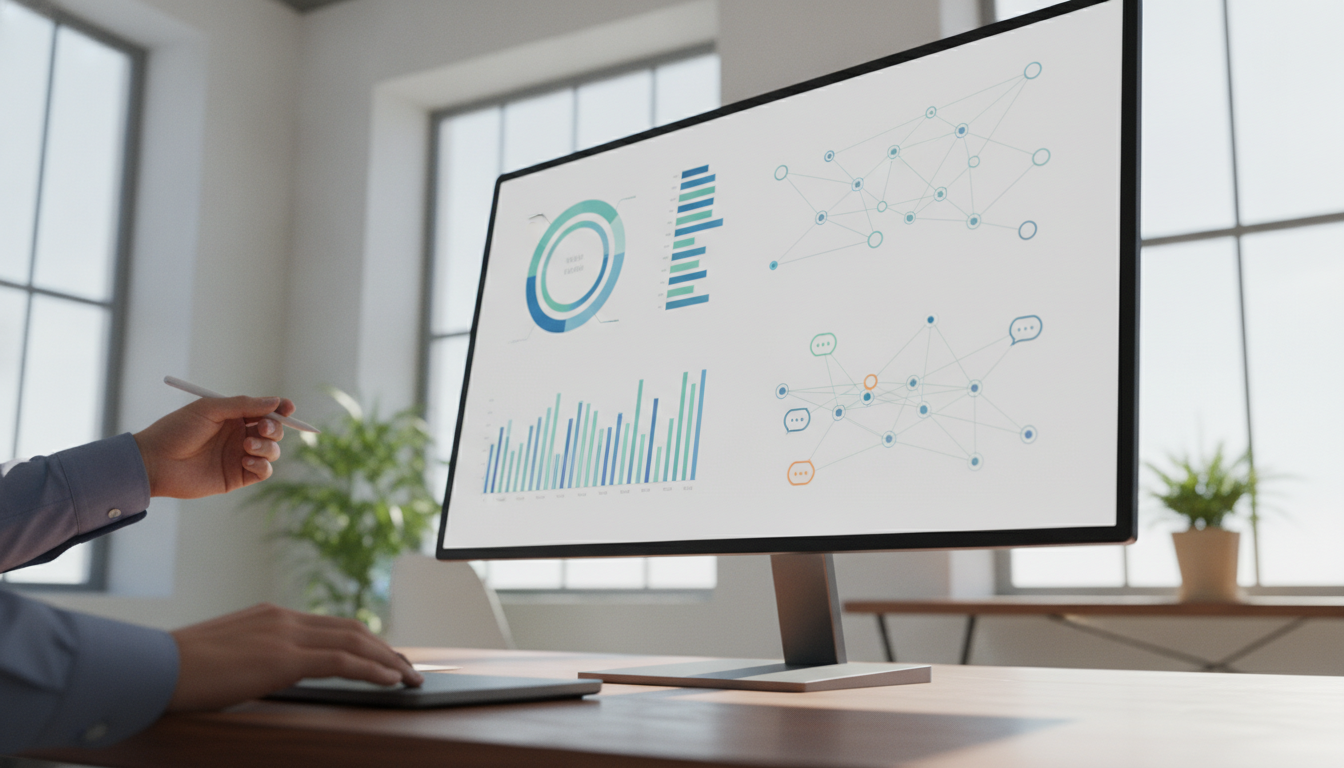 A digital marketing dashboard showing integrated communication metrics, with charts and graphs displayed on a large screen