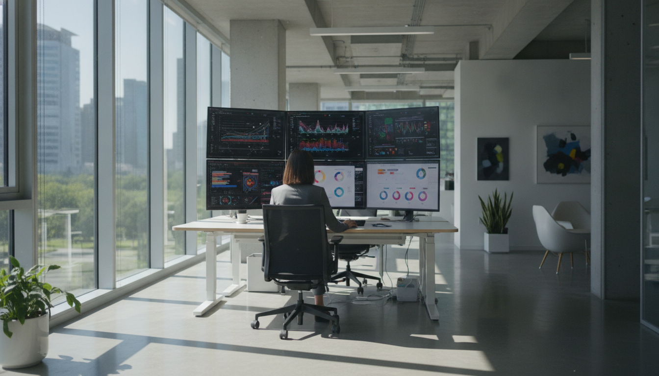 experiência do usuário — A modern office with people analyzing dashboards, soft natural lighting, professional photography style