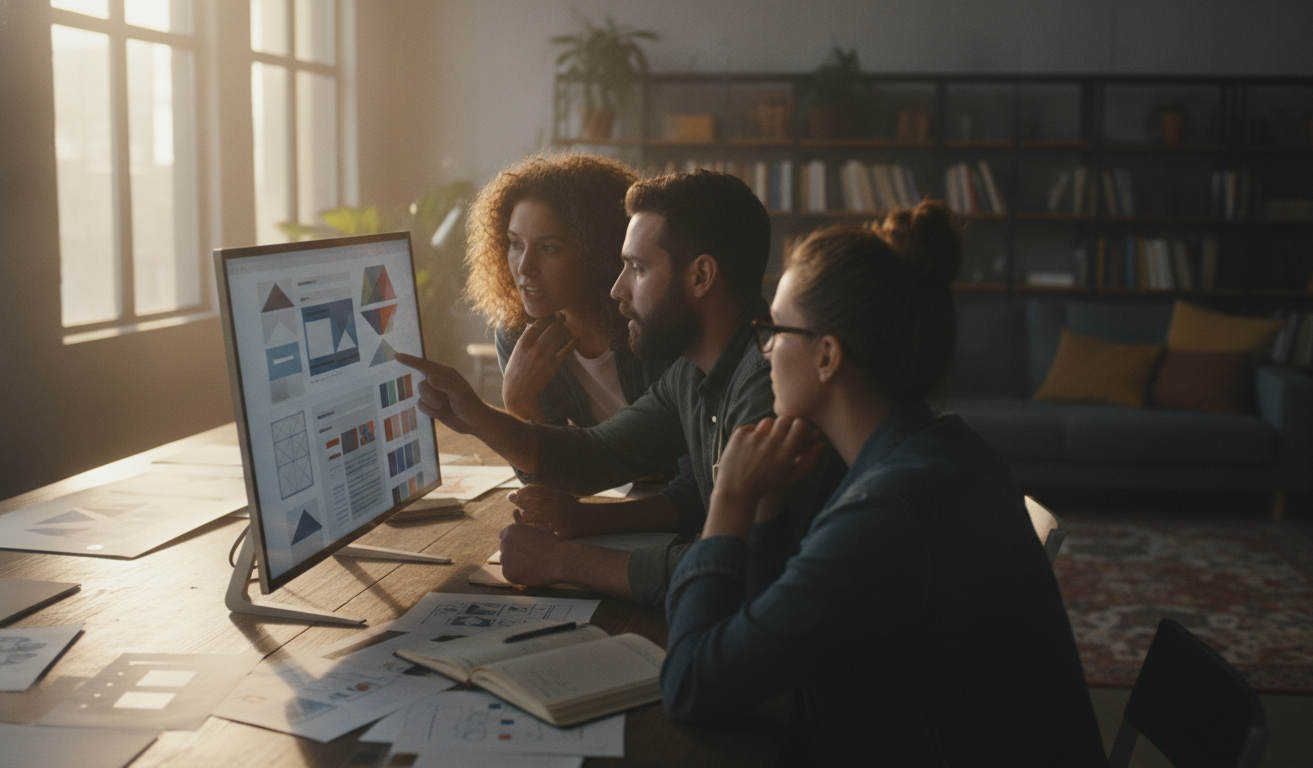 A group of diverse people discussing website design on a large screen in a creative workspace
