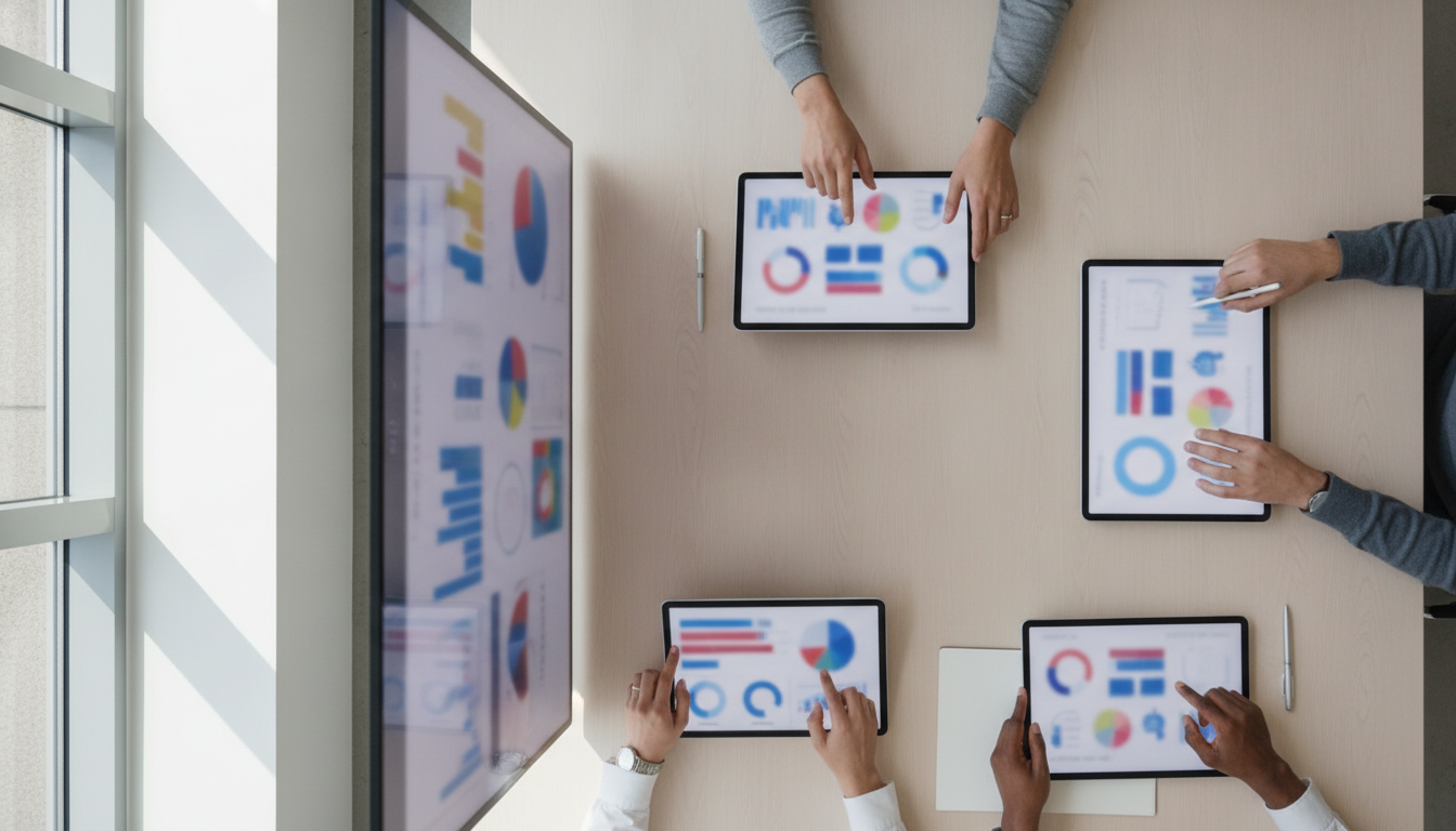 conversão emocional — A modern office with people analyzing dashboards, soft natural lighting, professional photography style