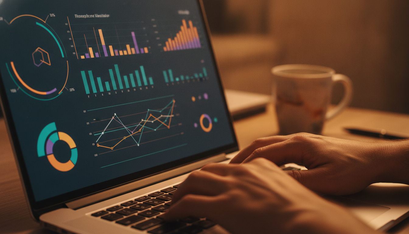 A person using a laptop with colorful charts and graphs on the screen, warm ambient lighting