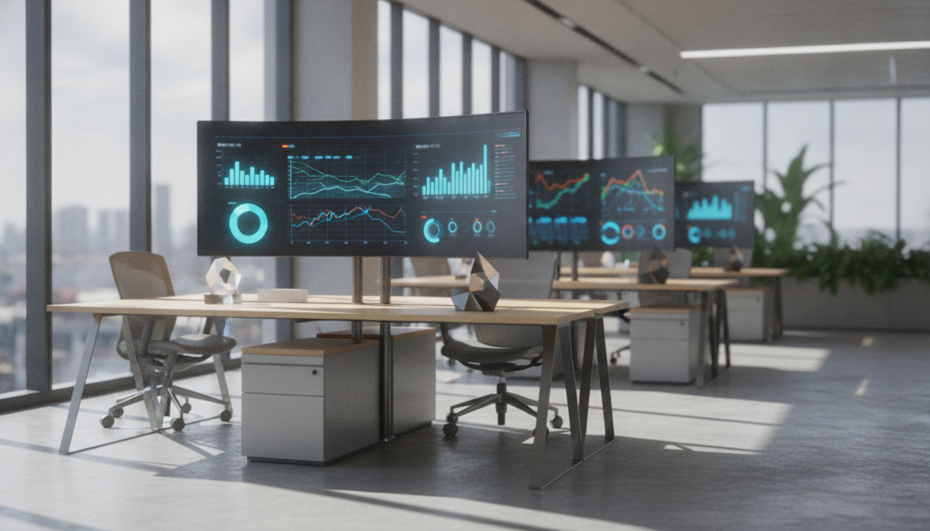 sites conversíveis — A modern office with people analyzing dashboards, soft natural lighting, professional photography style