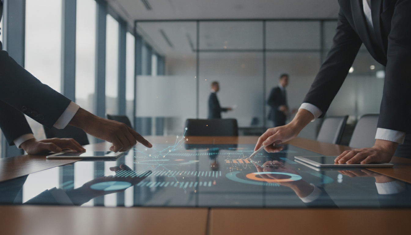 Team of diverse professionals discussing analytics in a modern conference room, bright natural lighting, high-quality image