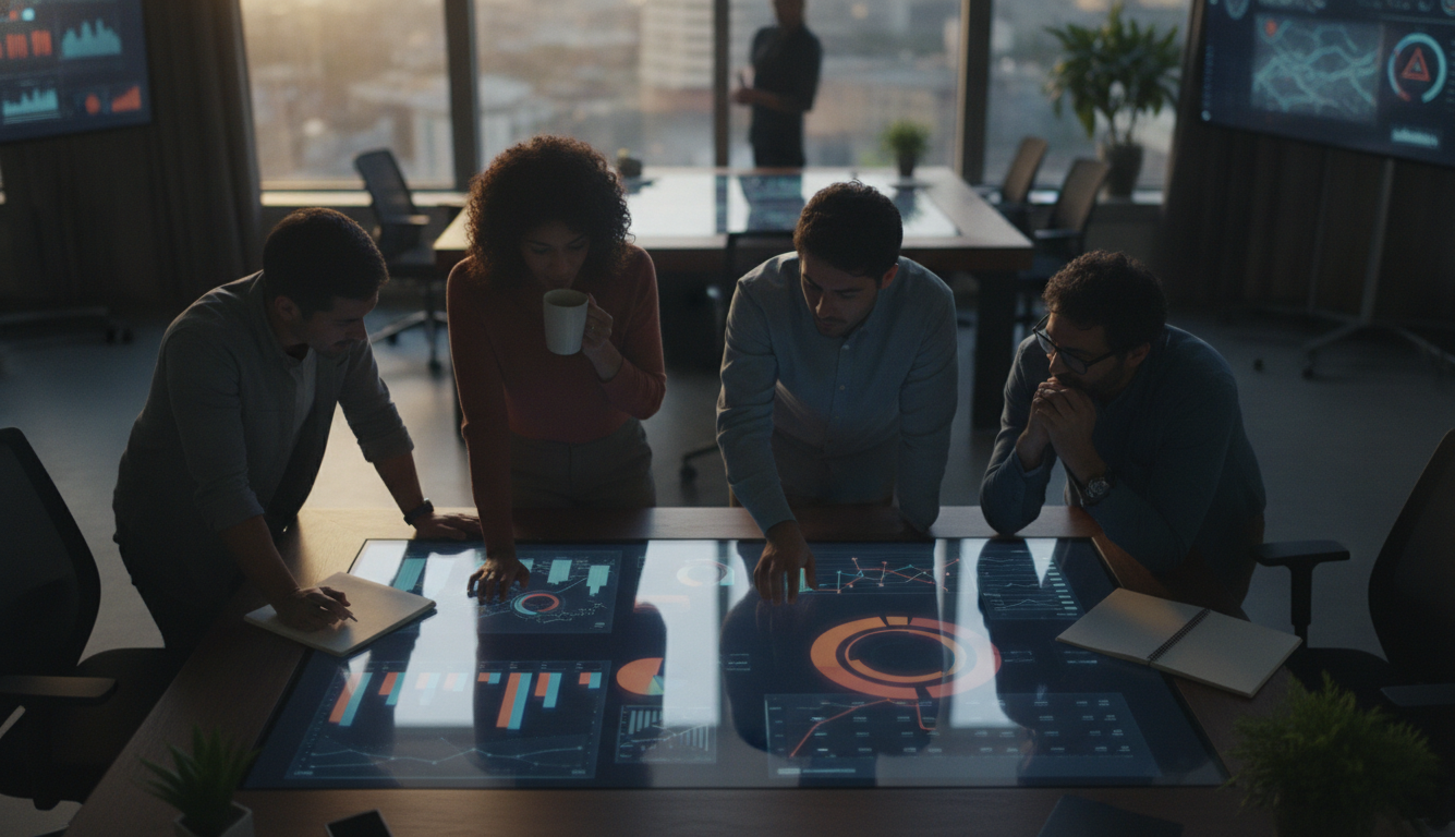 redes sociais empresariais — A modern office with people analyzing dashboards, soft natural lighting, professional photography style
