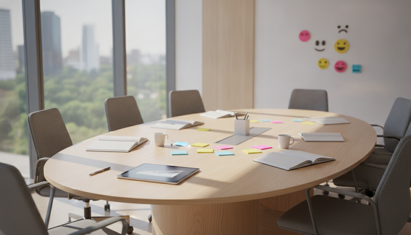 A group of professionals in a modern meeting room discussing social media strategies, bright and collaborative atmosphere