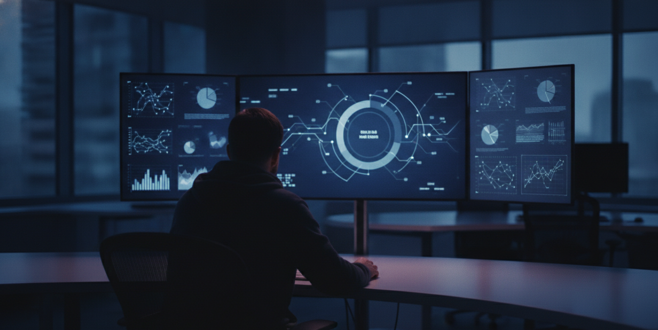 A team in a modern office setting reviewing social media analytics on multiple screens, bright and clear lighting