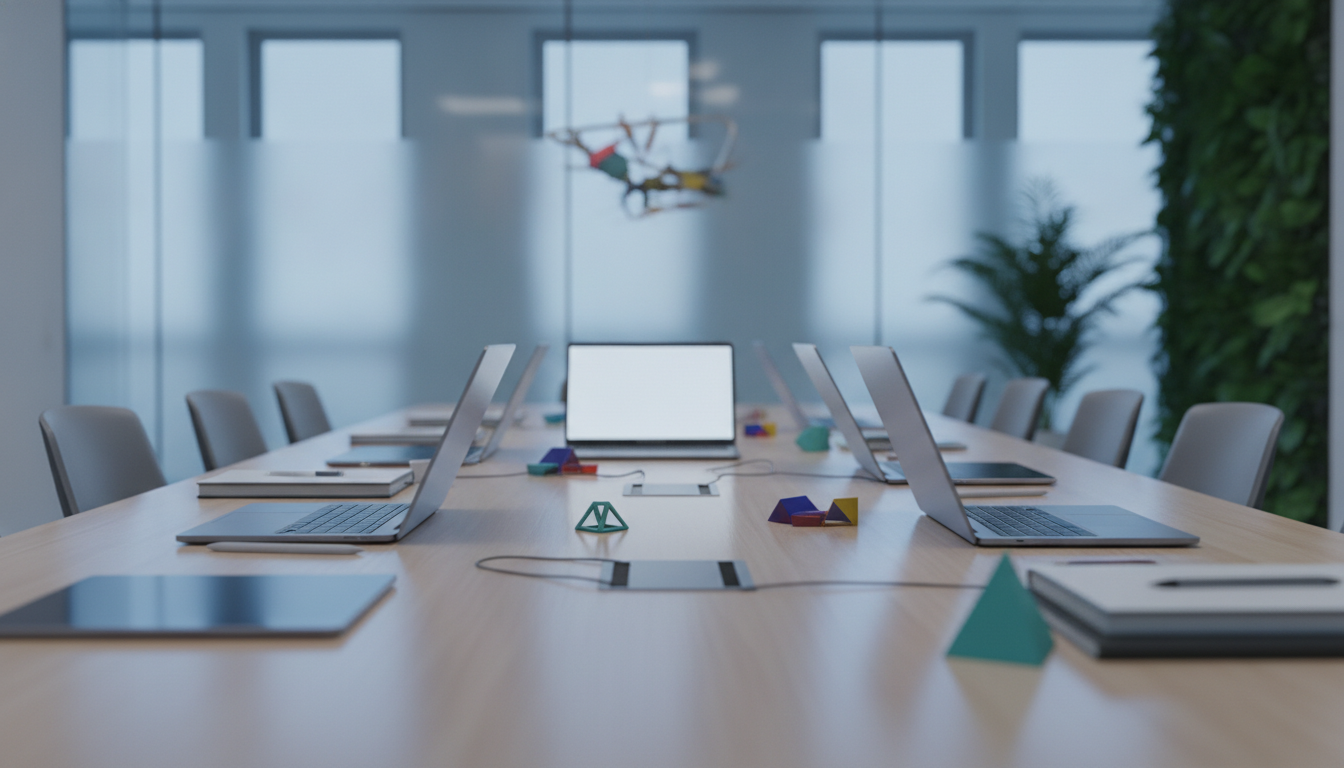 storytelling digital — A group of diverse people gathered around a table with laptops, discussing digital strategies, bright and modern office setting
