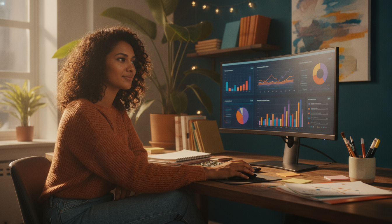 A digital marketer at a desk analyzing social media metrics on a screen, surrounded by creative tools, vibrant color palette