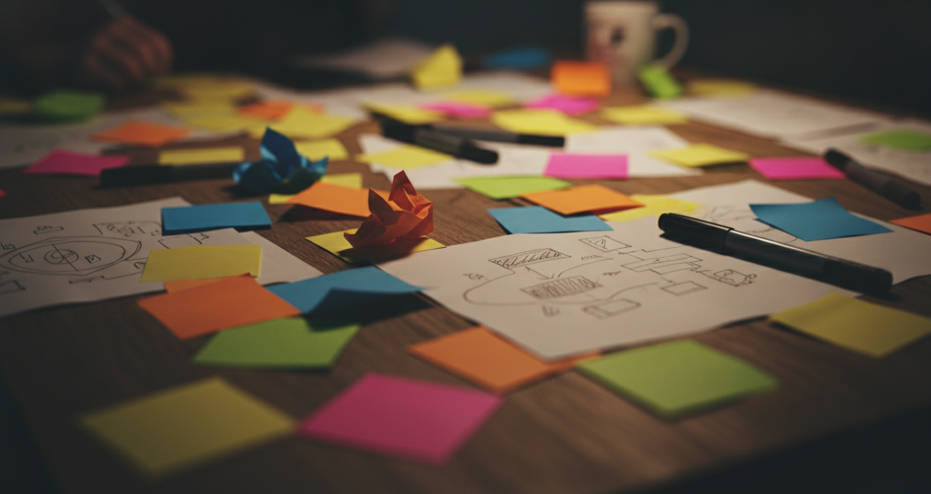 A team of creative professionals in a brainstorming session, surrounded by colorful post-it notes and sketches, dynamic and energetic atmosphere