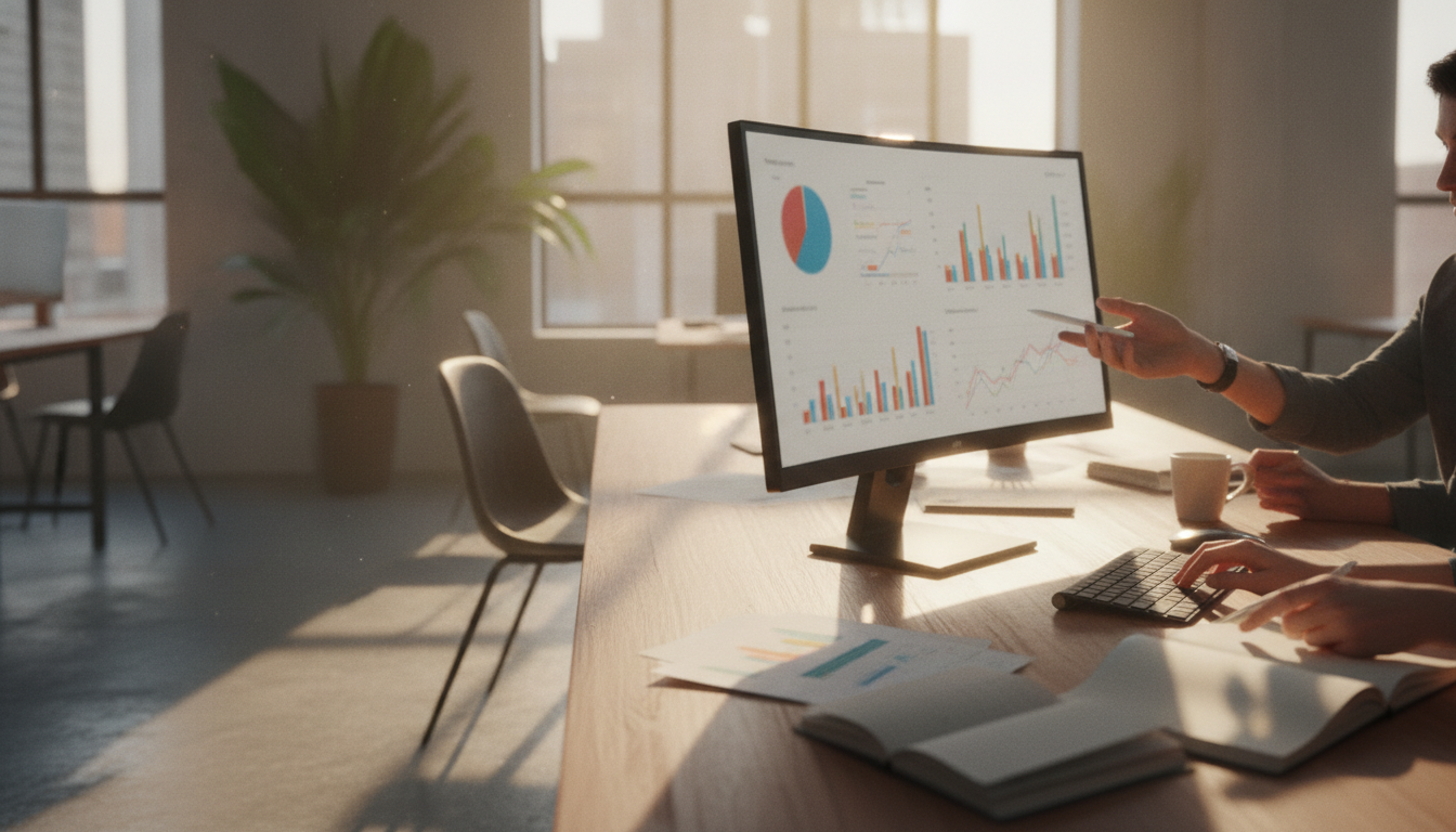 otimização de social ads — A team of marketers working together in a bright, modern office, focusing on a computer displaying social media ads analytics, natural lighting, professional photography style