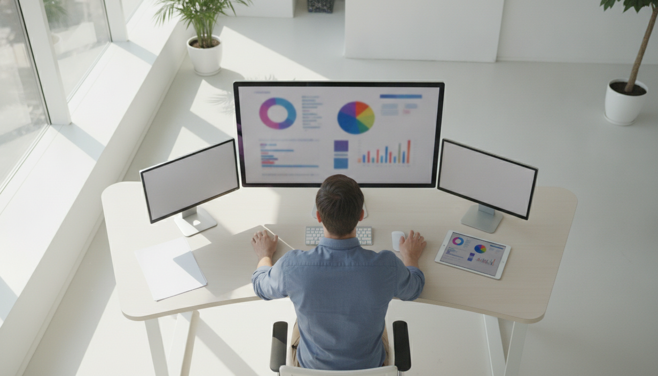 criação de sites — A modern office with people analyzing dashboards, soft natural lighting, professional photography style