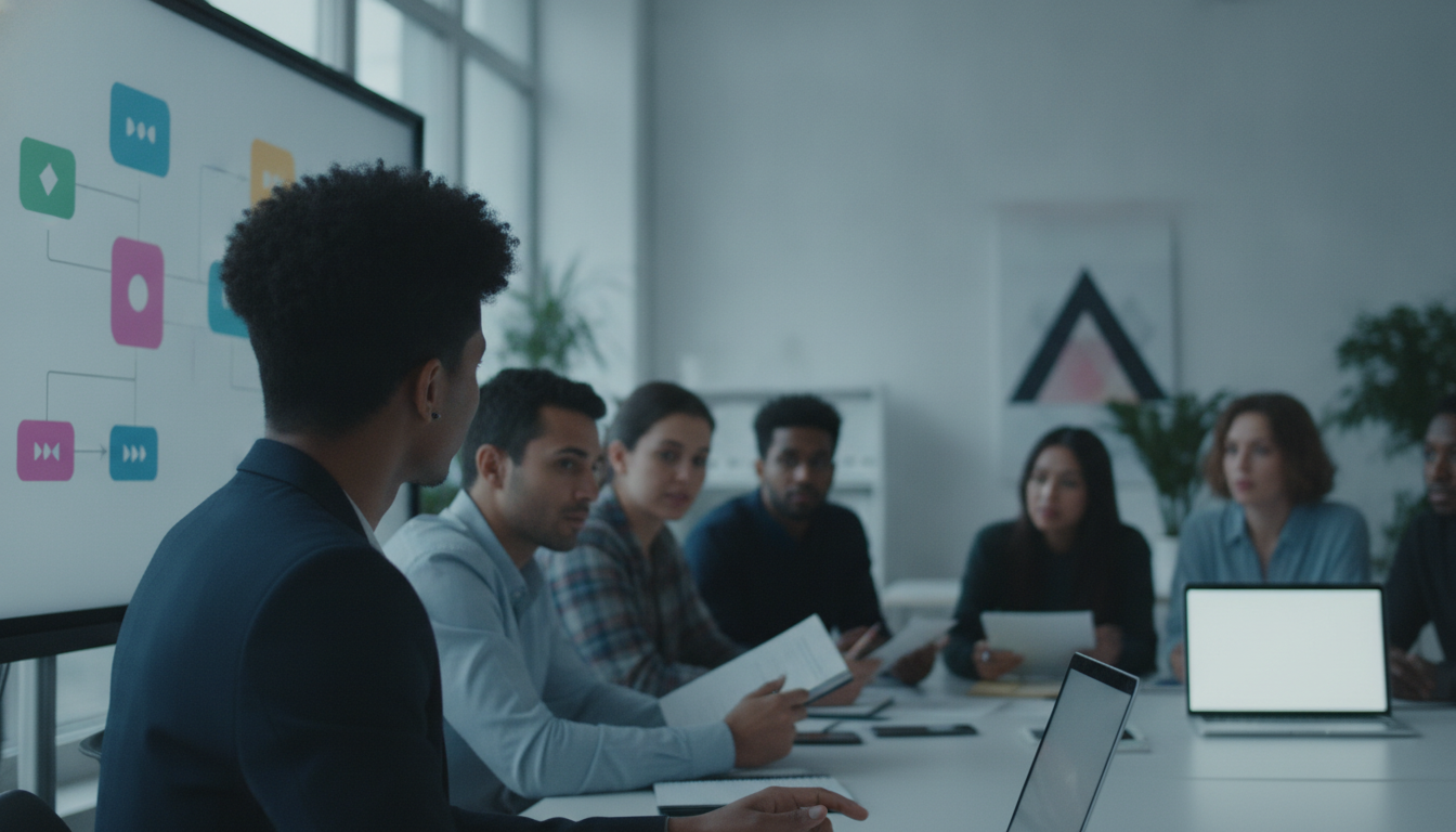 A group of diverse people collaborating on a digital marketing strategy, bright and modern office setting